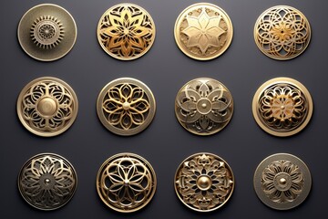 A collection of metal buttons arranged on a black surface. Can be used for fashion design, sewing projects, or clothing accessories.