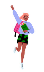 Happy jumping student concept. Girl in casual clothes with backpack. Education, learning and training. Graphic element for website. Cartoon flat vector illustration isolated on white background