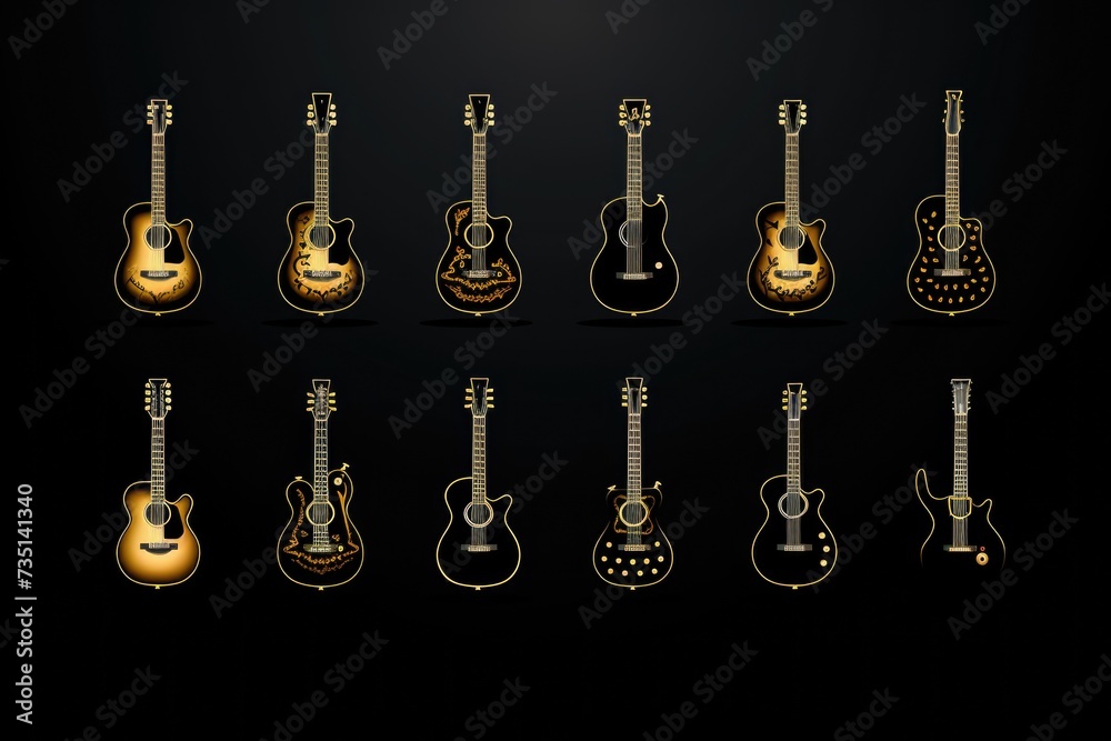 Poster a collection of guitars displayed on a black background. perfect for music-related projects