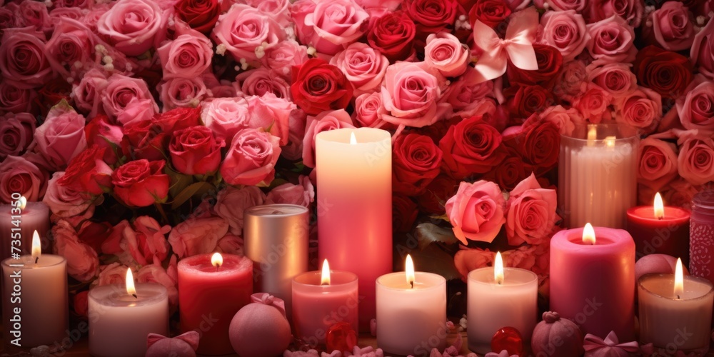 Poster A simple yet elegant arrangement of candles and flowers. Perfect for adding a touch of warmth and beauty to any space