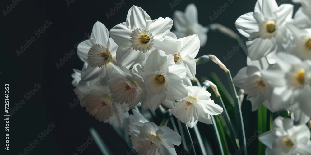 Poster a beautiful arrangement of white flowers in a vase. perfect for adding a touch of elegance to any sp