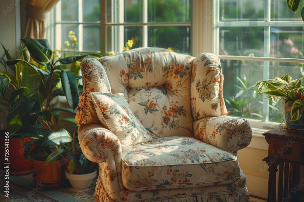 Poster a chair is positioned in front of a window, accompanied by a potted plant. this image can be used to