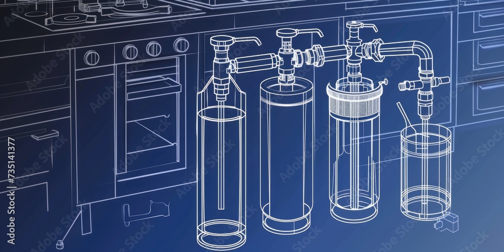 Poster a drawing of a kitchen filled with numerous bottles. versatile image suitable for various purposes