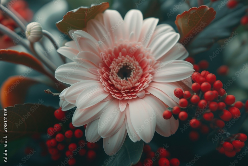Poster A close-up view of a flower with vibrant red berries. Perfect for adding a pop of color to any project or design