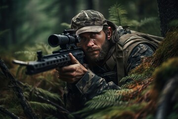 Obraz premium Determined Man wearing camouflage and aiming with hunting rifle in forest. Outdoor ammo game hunter. Generate Ai