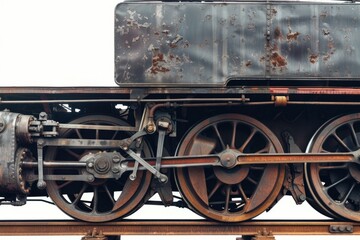 A close up view of a train on a train track. This image can be used to depict transportation, travel, or industrial themes