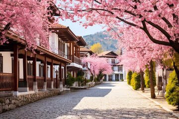 The pathway of the old city are full of cherry blossom trees. Along the way are green bushes. Abashing Ninjutsu Temple founded in 811 situated on up hill and slightly distanced from  Generative Ai