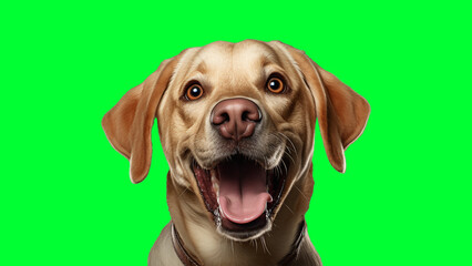 Portrait photo of smiling Labrador Retriever on green background