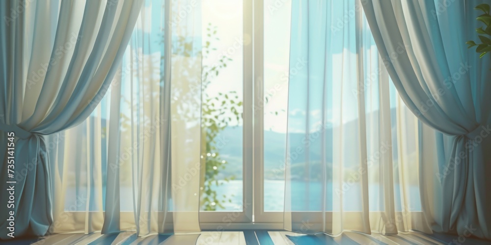 Poster a window with curtains and a plant in front of it. perfect for home decor or interior design project