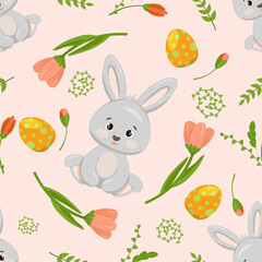 Adorable hand drawn Easter seamless pattern with bunnies, eggs and flowers, great for banners, wallpapers, packaging, textiles - vector design