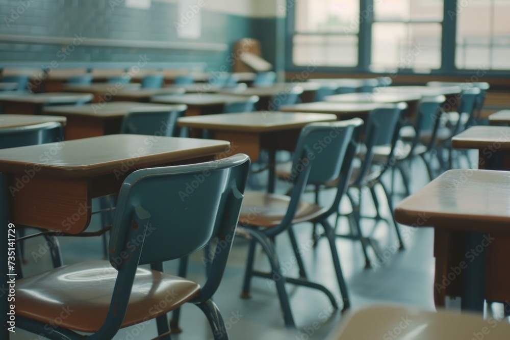 Poster a picture of a classroom filled with numerous desks and chairs. suitable for educational themes and 
