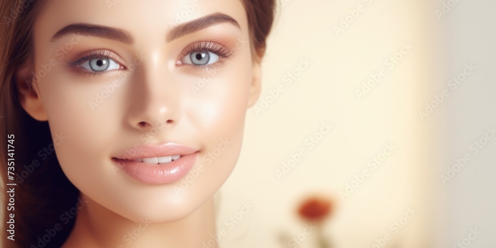 Poster close-up of a woman's face with a beautiful flower in the background. suitable for various applicati