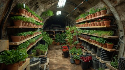 eco farm of vegetables and other products grown in an underground bunker using hydroponics concept: hydroponics, underground farm, survival in a bunker