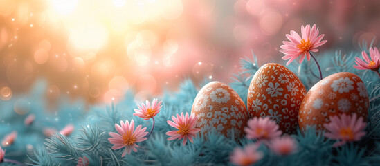Happy easter holiday background. Painted eggs and spring flowers.