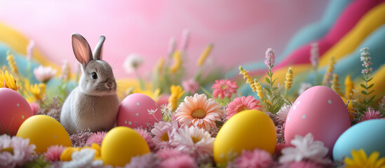 Colorful easter holiday background. Bunny, flowers and painted eggs composition.