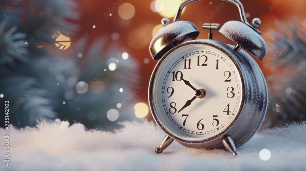Poster An alarm clock placed on a snowy ground. Perfect for illustrating the concept of waking up early or starting a new day in a winter setting