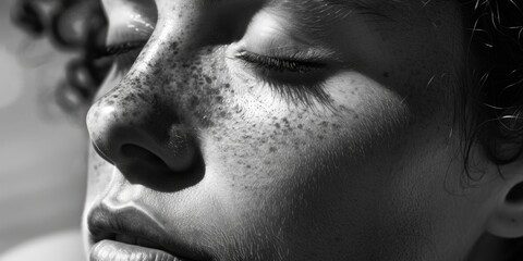 A close-up shot capturing the natural beauty of a woman's face, highlighted by her unique freckles. Perfect for beauty and skincare campaigns or portraying a natural and authentic look