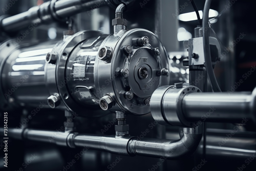 Poster A detailed view of a machine featuring various pipes and valves. This image can be used to illustrate industrial processes or mechanical systems.