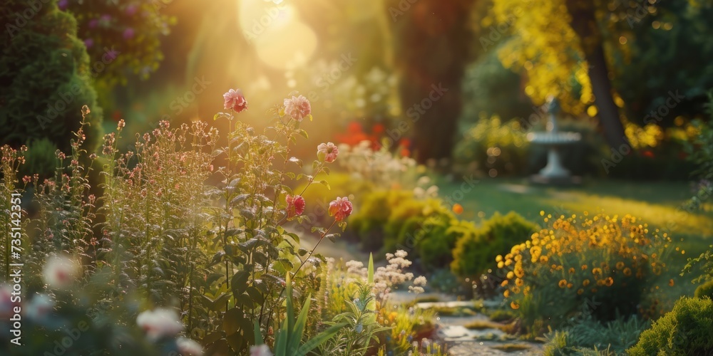 Poster A vibrant garden filled with a variety of colorful flowers and lush trees. Perfect for adding a touch of nature and serenity to any project or design