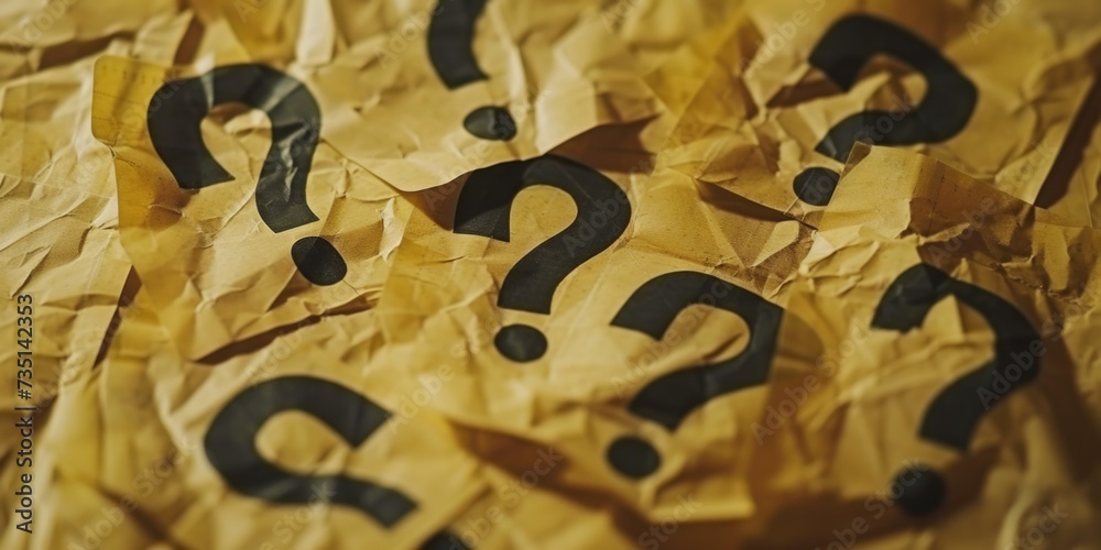 Poster A pile of crumpled paper with question marks on it. Can be used to represent confusion, uncertainty, or searching for answers.