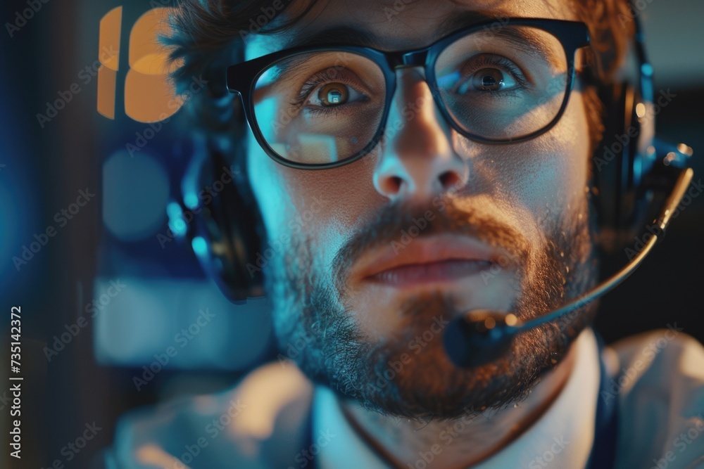 Poster a close up of a man wearing a headset. perfect for illustrating customer service or a call center.