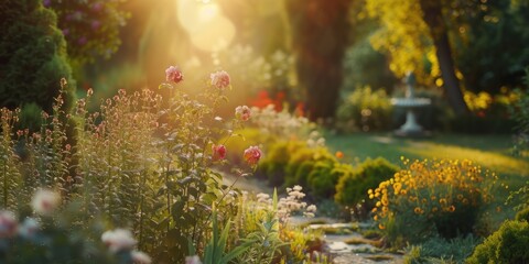 A vibrant garden filled with a variety of colorful flowers and lush trees. Perfect for adding a touch of nature and serenity to any project or design