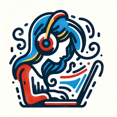 woman with headphones and a laptop, in a minimalistic Notion concept illustration style. The doodle is in flat blue, red