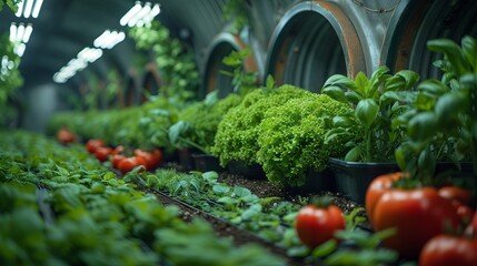eco farm of vegetables and other products grown in an underground bunker using hydroponics concept: hydroponics, underground farm, survival in a bunker - obrazy, fototapety, plakaty