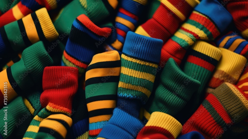 Poster A pile of multicolored striped socks. Perfect for adding a pop of color to any outfit or for showcasing a vibrant sock collection