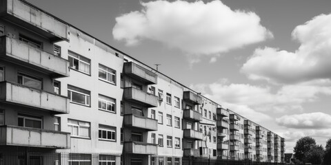 A black and white photo of an apartment building. Suitable for real estate or architecture related projects