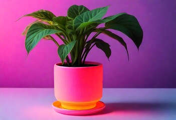 Fototapeta na wymiar neon theme plant in ceramic pot