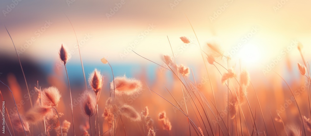 Poster Wild herbs in the rays of the orange sun at sunset Warm background natural background Autumn sunset. Creative Banner. Copyspace image