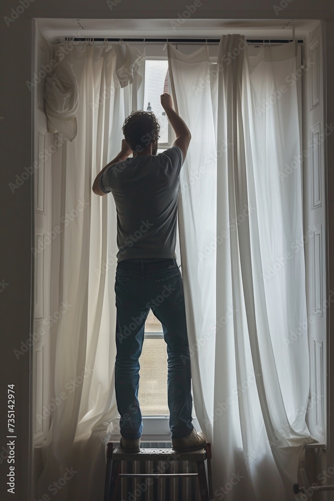 Canvas Prints A man standing on a ladder in front of a window. This image can be used to depict a variety of situations and concepts