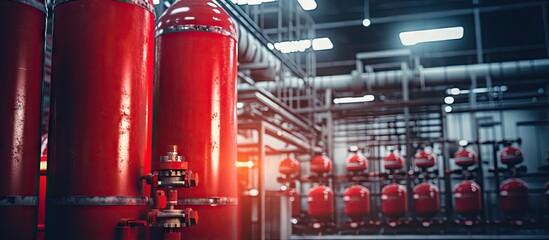 Red tank of fire extinguisher Overview of a powerful industrial fire extinguishing system Emergency equipment for industrial refinery crude oil and gas compressed gas carbon dioxide in side - obrazy, fototapety, plakaty