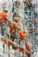 Construction workers busy at work on a building. Suitable for construction industry websites or articles