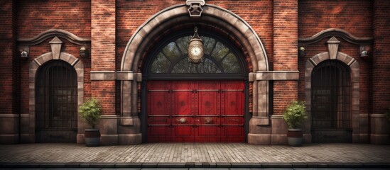 Fototapeta na wymiar Vintage retro fire station building facade with red gates and brick walls. Creative Banner. Copyspace image