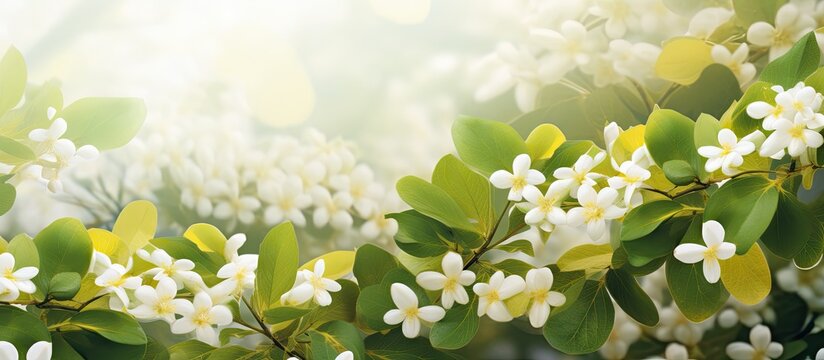 Tiny white and yellow flowers with green leaves. Creative Banner. Copyspace image