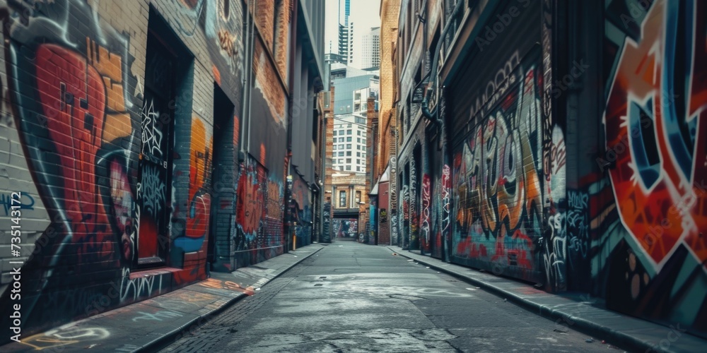 Poster a picture of a narrow alleyway adorned with colorful graffiti. this image captures the vibrant and u