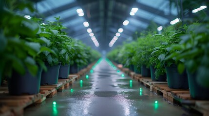 Indoor farm with rows of seedlings of herbs and vegetables under LED lighting concept: agribusiness, greenhouse plants, indoor farm, food - obrazy, fototapety, plakaty