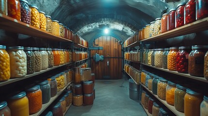 underground cellar with various food supplies for survival and wintering concept: nuclear war, people in a bunker, food, nuclear winter