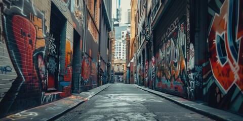 A picture of a narrow alleyway adorned with colorful graffiti. This image captures the vibrant and urban atmosphere of street art.