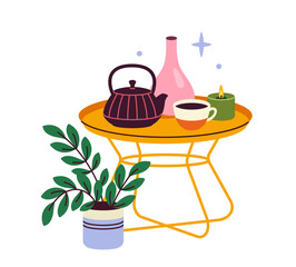 Hygge decor element concept. Table with teapot and cups. Comfort and coziness. Christmas and New Year. Poster or banner. Cartoon flat vector illustration isolated on white background