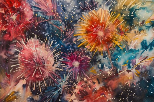 A Vibrant Painting Capturing A Spectacular Fireworks Display In The Night Sky. Perfect For Celebrating Special Occasions And Adding A Festive Touch To Any Project