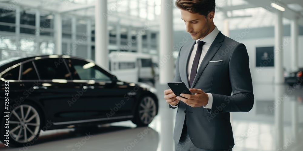 Poster a man dressed in a suit is looking at his cell phone. this image can be used to illustrate modern bu