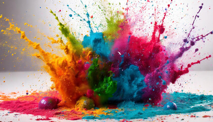 A colorful splash of water and powder on a white background, with the words “Happy Holi” in a playful font - obrazy, fototapety, plakaty