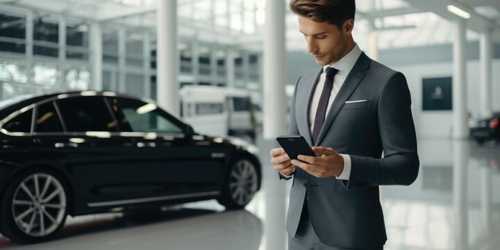 A man dressed in a suit is looking at his cell phone. This image can be used to illustrate modern business communication and technology