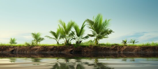 Obraz premium Oil palm plants are the main producer of palm oil as the main ingredient for making cooking oil Young oil palm plants like soil with lots of humus and organic elements and abundant water
