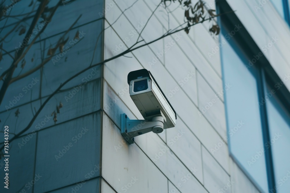 Poster A security camera attached to the side of a building. Suitable for surveillance and security-related concepts