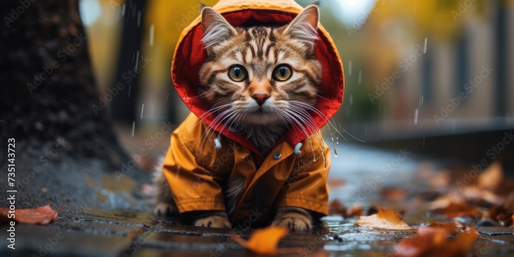 Poster a cat wearing a raincoat sitting in the rain. suitable for various weather-related concepts and pet-