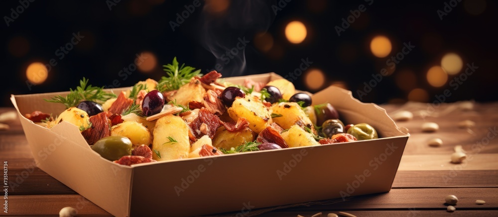 Poster tasty smashed potatoes with olives and meat in the box. creative banner. copyspace image